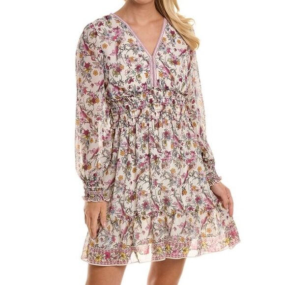 NWT Max Studio Smocked Cream Pink Floral Bird Print Mini Dress Size Medium NEW - Picture 4 of 15